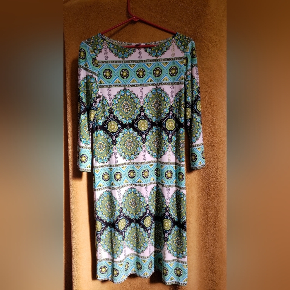 London Times Geometric Pattern Long Sleeve Dress